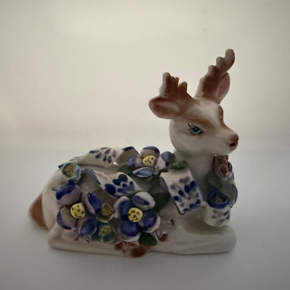 Vintage Porcelain Deer Figurine Blue and White Flowers and Ribbon Cottagecore